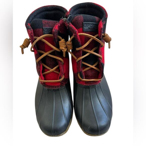 Sperry Women’s Saltwater buffalo check duck boots red/black size 8 - Picture 4 of 8